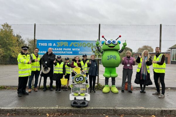 Earls Colne Primary School 3PR Launch on 15 November: (Not in order) Cllr Richard Van Dulken (NEPP’s Member for Braintree District Council), Cllr Gabriella Spray (Braintree District Council Ward Councillor), Ms Sibley, Headteacher of Earls Colne Primary School, school staff and pupils, Essex Police. and 3PR costumed-character.