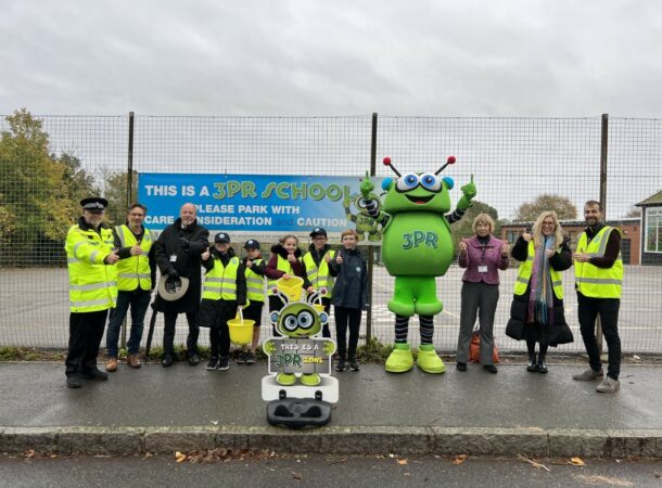 Earls Colne Primary School 3PR Launch on 15 November: (Not in order) Cllr Richard Van Dulken (NEPP’s Member for Braintree District Council), Cllr Gabriella Spray (Braintree District Council Ward Councillor), Ms Sibley, Headteacher of Earls Colne Primary School, school staff and pupils, Essex Police. and 3PR costumed-character.